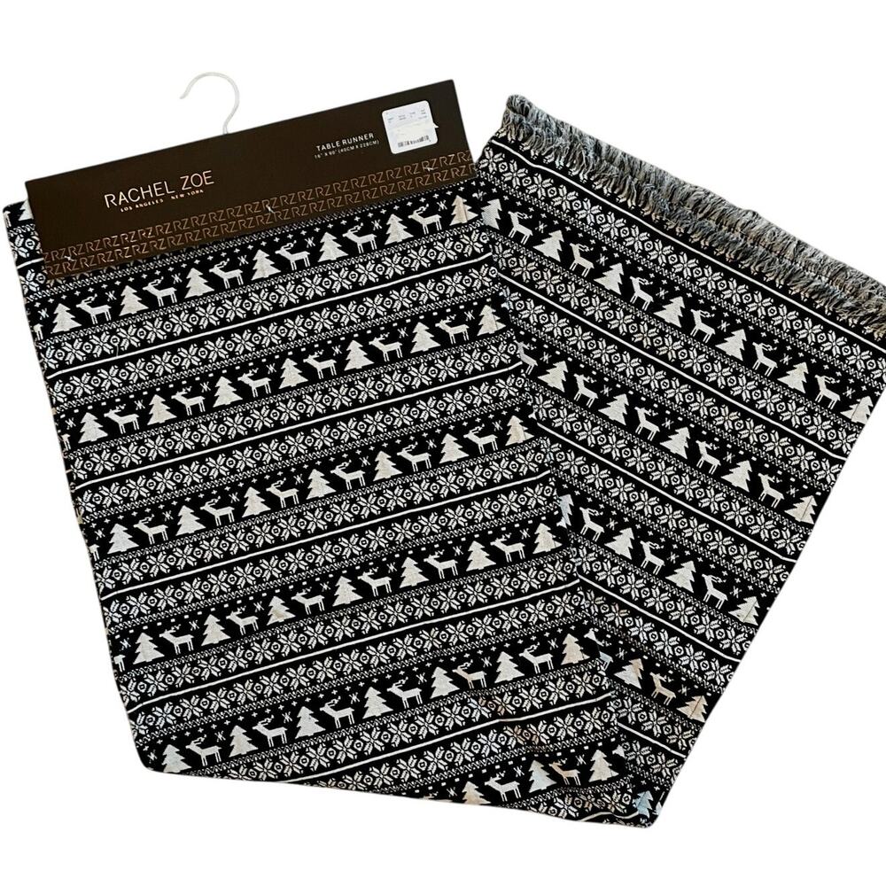 Rachel Zoe Christmas Tree Reindeer Table Runner 16x90 Holiday Black & White New